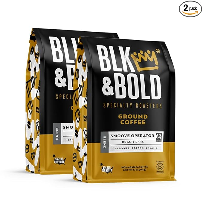 BLK &amp Bold Ground Coffee Smoove Operator Dark Roast 100% Arabica Coffee Beans Caramel Toffee Notes Smooth Full Bodied Dark Roast for Espresso Machine Drip French Press &amp Cold Brew 12 oz