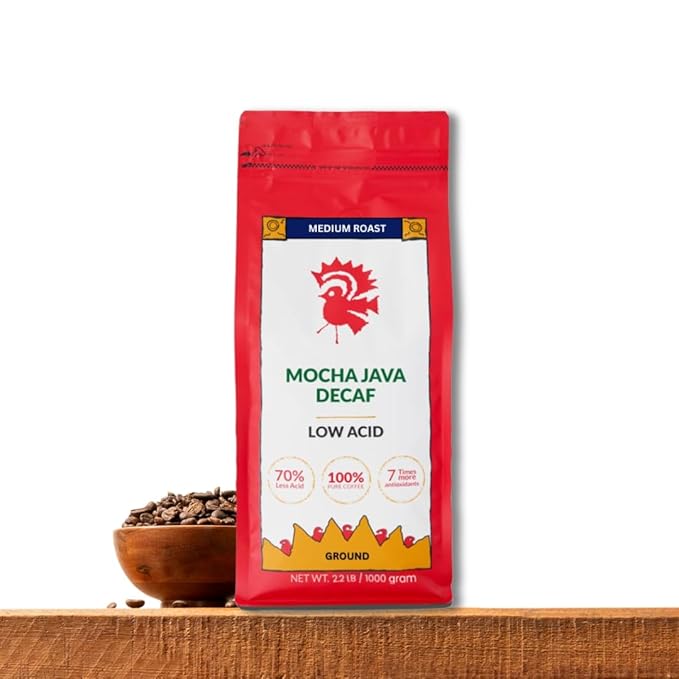 Puroast Low Acid Coffee Flavored Decaf | Decaf Mocha Java Ground | Medium Roast | High Antioxidants &amp High pH |No Bitter Aftertaste | Reduced Heartburn &amp GERD | Suitable for Cold Brew - 2.2 LB