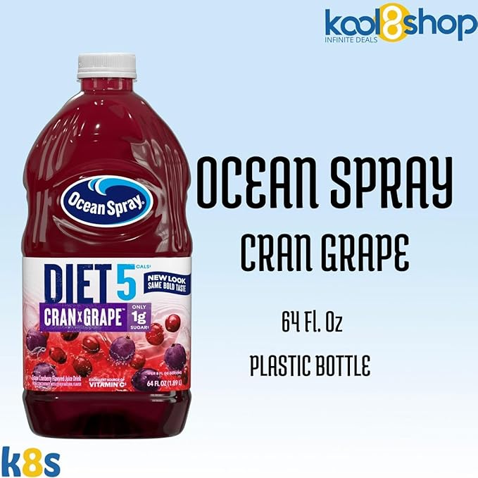 Ocean Spray Diet Cran Grape Juice Drink 64 fl oz Plastic Bottle 4 Pack + 15 Sugarcane Disposable Straws by KOOL8SHOP Infinite Deals