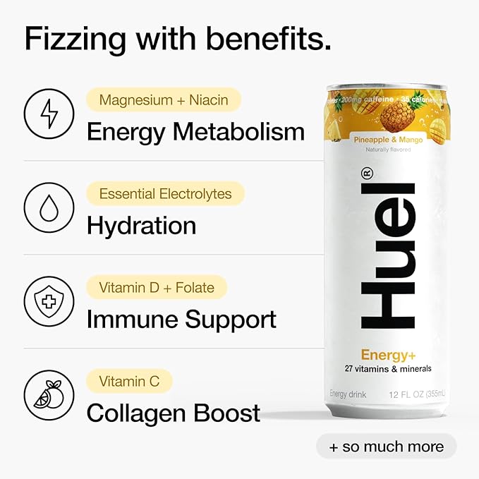 Huel Energy+ | Pineapple &amp Mango Energy Drink | Refreshing Plant-Based Drink with Real Fruit | 200mg of Caffeine and 27 Vitamins &amp Minerals | 35 Calories per 12 FL Oz 12 Pack