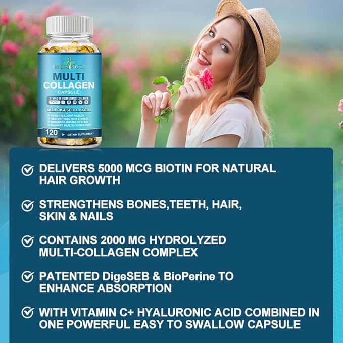 Multi-Collagen Complex + Biotin + Vitamin C – Types I II III V &amp X – Natural Supplement for Hair Skin Nails &amp Joint Support 2 Month Supply 120 Softgels