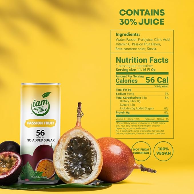 I am Superjuice Passion Fruit - Natural Fruit Juice Drink - Zero Added Sugar - Low in calories (56 per can) - 12 Pack x 11.16 FL OZ