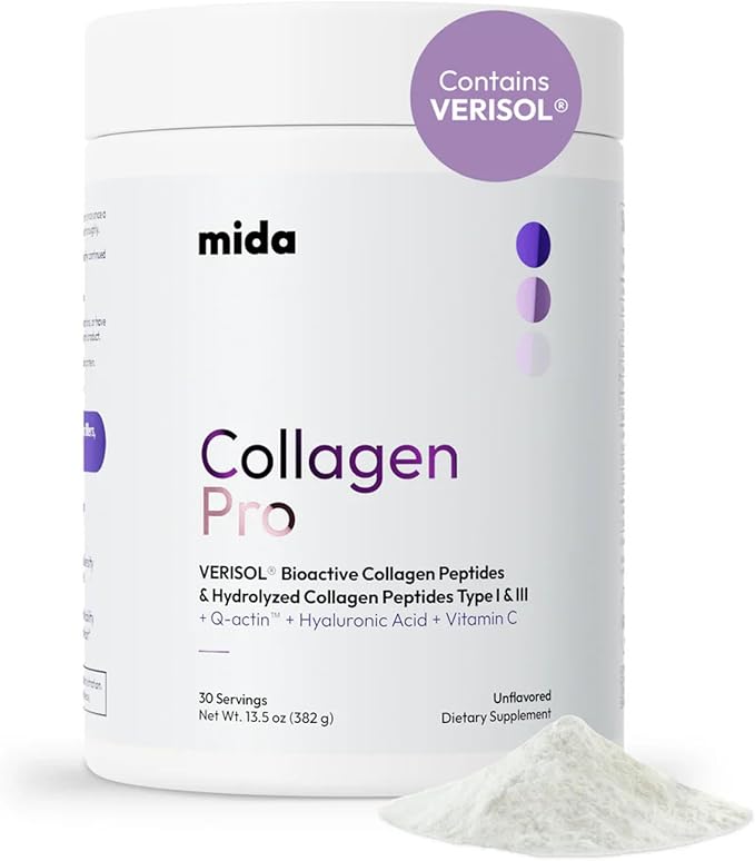VERISOL® Hydrolyzed Collagen Peptides Type I &amp III with Vitamin C Hyaluronic Acid Biotin Q-ACTIN® | Unflavored Powder for Smooth Skin Thick Hair Strong Nails &amp Joint Health | 30 Servings