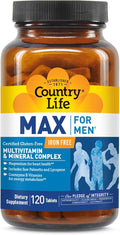 Country Life Max for Men Multivitamin: Iron-Free Gluten Free Saw Palmetto Lycopene Daily Support for Energy Heart &amp Men's Health120 Vegetarian Tablets