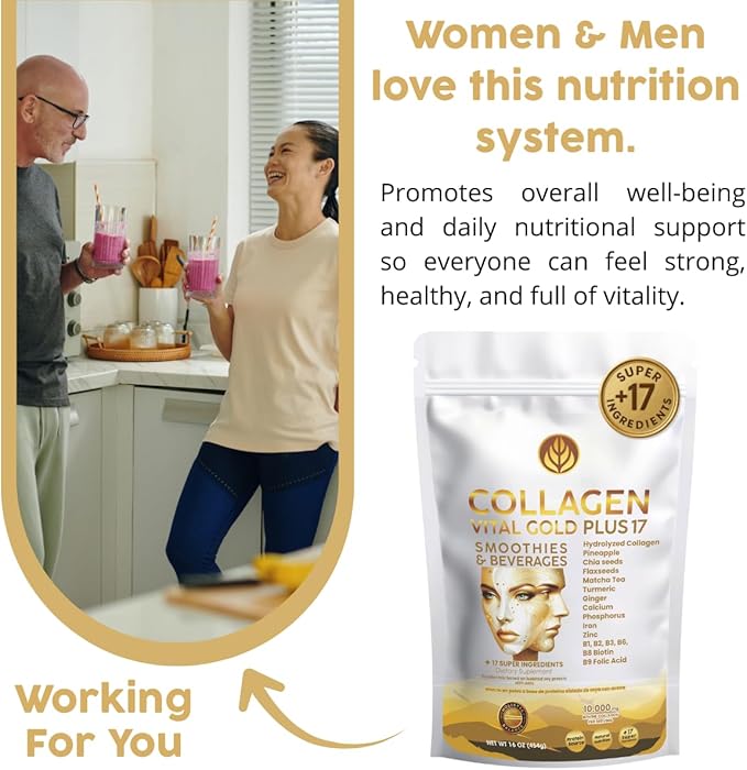 Vital Life Collagen Peptides Powder - Hydrolyzed Collagen with +17 Super Ingredients 1 lb Pineapple Flavor Supplement for Healthy Hair Skin Nails Bones Joints Collagen for Women &amp Men.