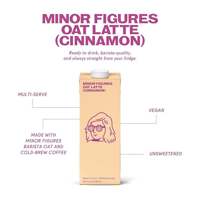 Minor Figures - Oat Latte - Cinnamon - Ready to Drink - Multi-serve - Non-GMO - Plant-Based - Vegan - Dairy-Free - Shelf Stable - Coffee - Barista Standard - Unsweetened - 32oz - 6 Pack