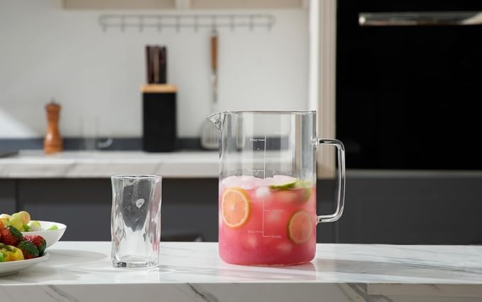 Glass Water Pitcher with Scale Line Dinner Table jug Large Serving Carafe for Water Juice Sangria Lemonade and Milk (Clear 85 oz)