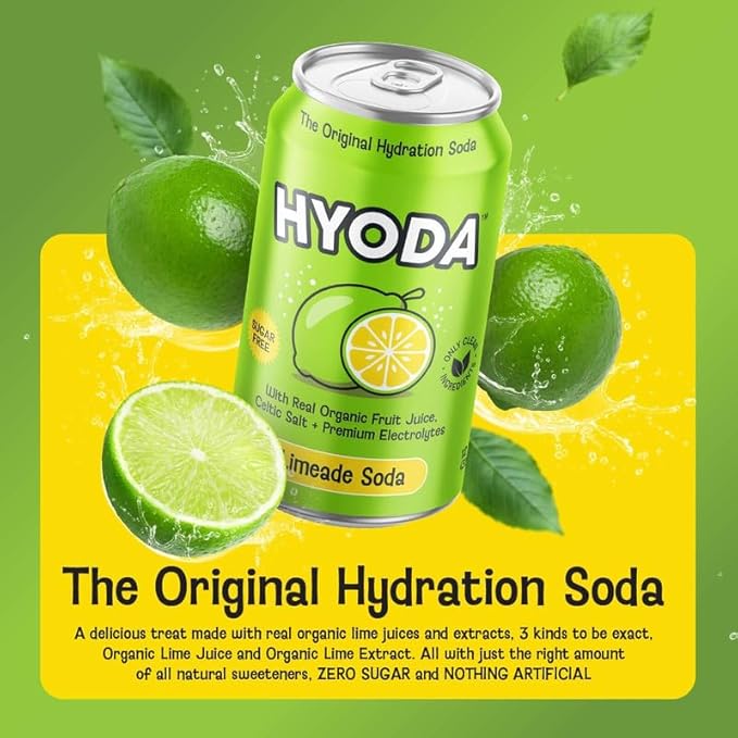HYODA Limeade Soda Gluten Free and Vegan Sparkling Electrolyte Drink Made with Organic Lime Juice Celtic Salt and Calcium Keto Zero Sugar Plant Based Caffeine Free 12 FL OZ Cans 12 Pack
