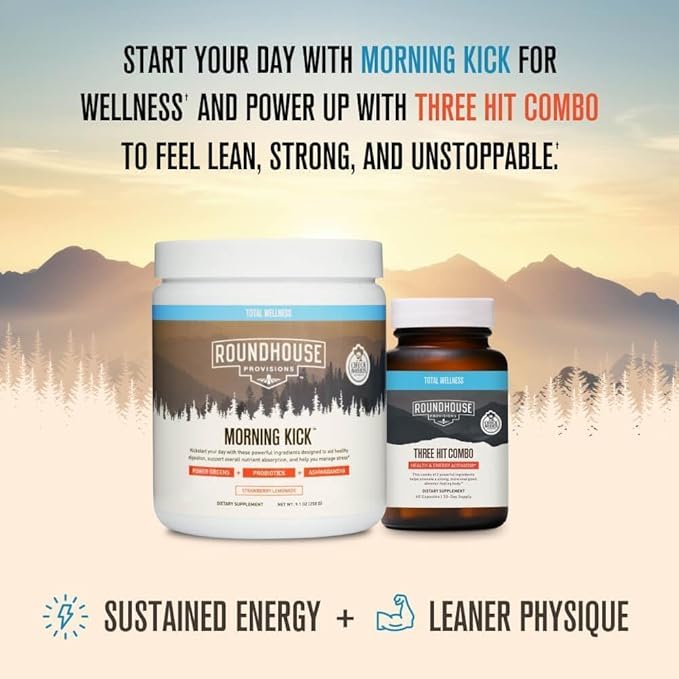 ROUNDHOUSE PROVISION Morning Kick Zero Sugar Greens Superfood Powder Supplement 3 Pack &amp Three Hit Combo – Burn Fat Boost Energy and Support Wellness by Chuck Norris