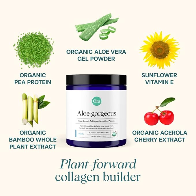 Ora Organic Vegan Collagen-Boosting Powder for Women and Men - Hair Skin &amp Nails Support - Bamboo Silica Plant-Based Protein Organic Vitamin C Aloe Vera - Vanilla Flavor 20 Servings