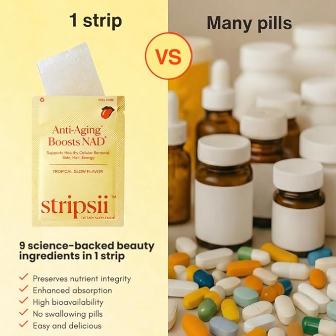 Collagen Biotin NAD &amp Hyaluronic Acid Beauty Supplement Strips – Fast-Dissolving FlashRelease™ Tech – Skin Hair &amp Nail Support – Sugar-Free Non-GMO Gluten-Free Tropical Flavor USA Made