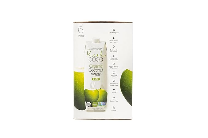 Real Coco Organic Pure Coconut Water (6-Pack 1L) USDA Organic No Added Sugar Plant Based Packed with Electrolytes Vegan