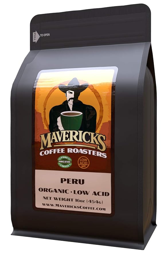 Mavericks Low Acid Coffee – Peru Organic - Coffee Whole Bean 16 oz – Smooth Light Roast with 70% Less Acid - Safe for GERD and Keto Diets