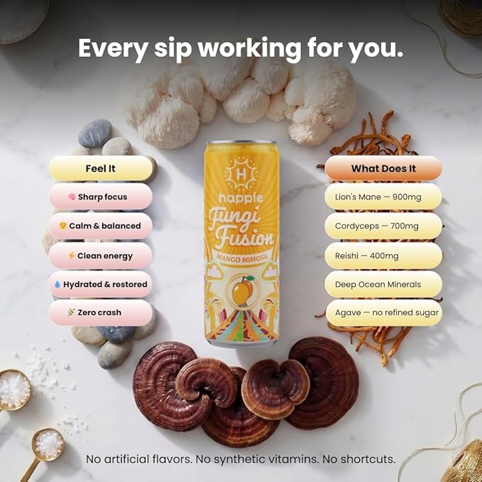 Happie Fungi Fusion Mango – Sparkling Adaptogen Drink with Lion’s Mane Cordyceps &amp Red Reishi – Plant-Based Nootropic 40 Calorie Zero Sugar Added Vegan Functional Soda Alternative (6 pack)
