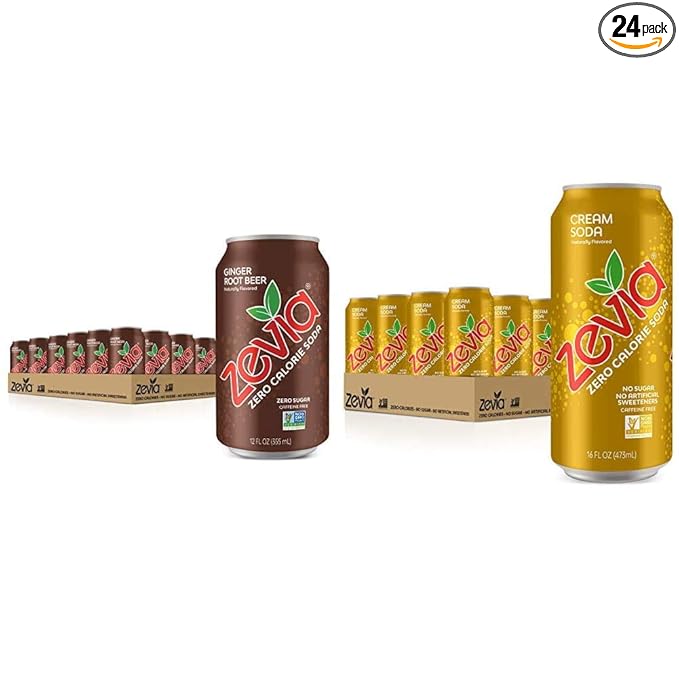 Zevia Zero Calorie Soda Ginger Root Beer and Cream Soda 12 and 16 Ounce Cans