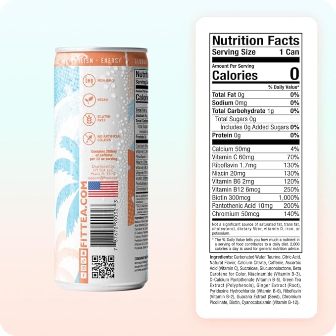FitTea Healthy Energy Drink 12 Fl Oz - Georgia Peach Pre Workout Sparkling Refresher (12 Pack) Natural Green Tea Energy Drinks Sugar Free