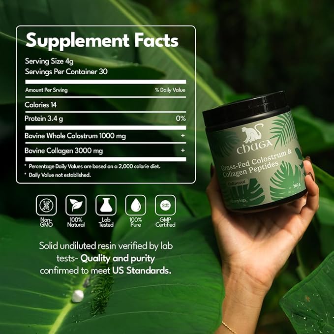 Chuga Grass Fed Colostrum &amp Collagen Peptides 60 Servings | Enhances Hair &amp Nails | Glowing Skin | Gut Wall Strengthening