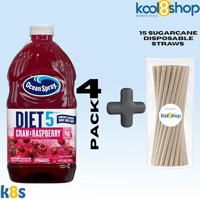 Ocean Spray Diet Cran Raspberry Juice Drink 64 fl oz Plastic Bottle 4 Pack + 15 Sugarcane Disposable Straws by KOOL8SHOP Infinite Deals