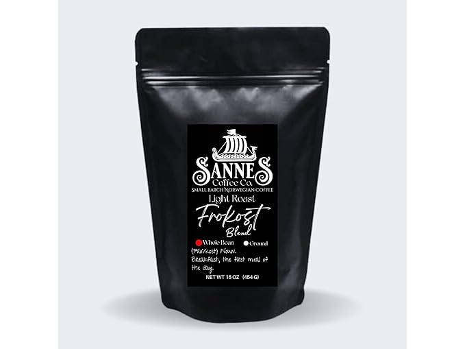Sannes Coffee Co. Norwegian Coffee-Frokost Blend Light Roast Coffee-Smooth Never Bitter-Resealable bag (Whole Bean 16 oz)