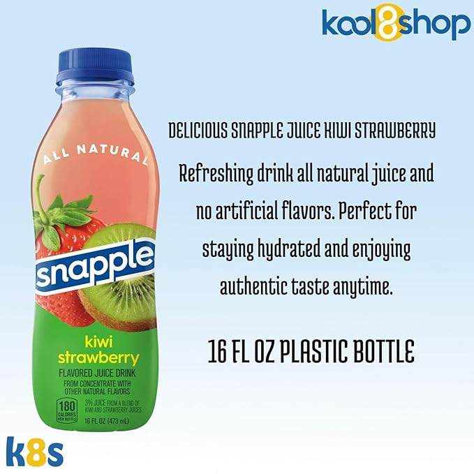 Snapple Kiwi Strawberry All Natural Fruit Juice 16 fl oz Plastic Bottles 16 Pack + 15 Sugarcane Disposable Straws by KOOL8SHOP Infinite Deals