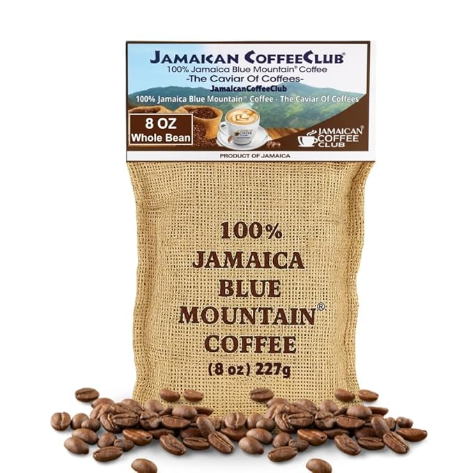 JamaicanCoffeeClub 100% Blue Mountain Whole Bean Coffee WB 8oz Jamaican Roasted Beans Smooth Rich Flavor Handpicked Gourmet Beans Bold Medium Roast Fresh Pack Premium Jamaican Coffee