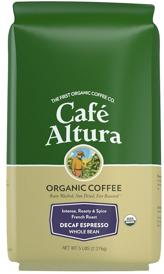 Cafe Altura Whole Bean Organic Coffee Decaf Espresso - Water Process 5 lb Bag