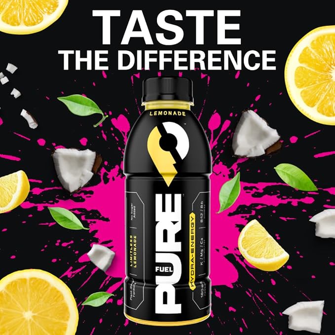 Pure Fuel Healthy Energy Drinks Limitless Lemonade - Sports Drinks - Plant Based - 180mg Natural Caffeine - 12pk x 16.9 fl oz