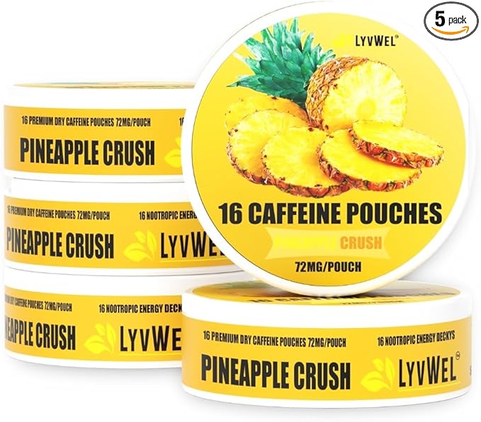 LyvWel 72mg Caffeine Energy Pouches – Pineapple Crush – Clean Tropical Energy with Guarana – 5-Pack (80 Total Pouches)