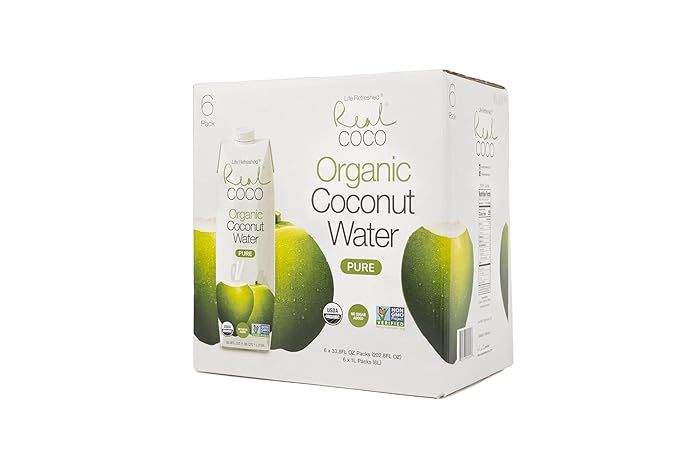 Real Coco Organic Pure Coconut Water (6-Pack 1L) USDA Organic No Added Sugar Plant Based Packed with Electrolytes Vegan