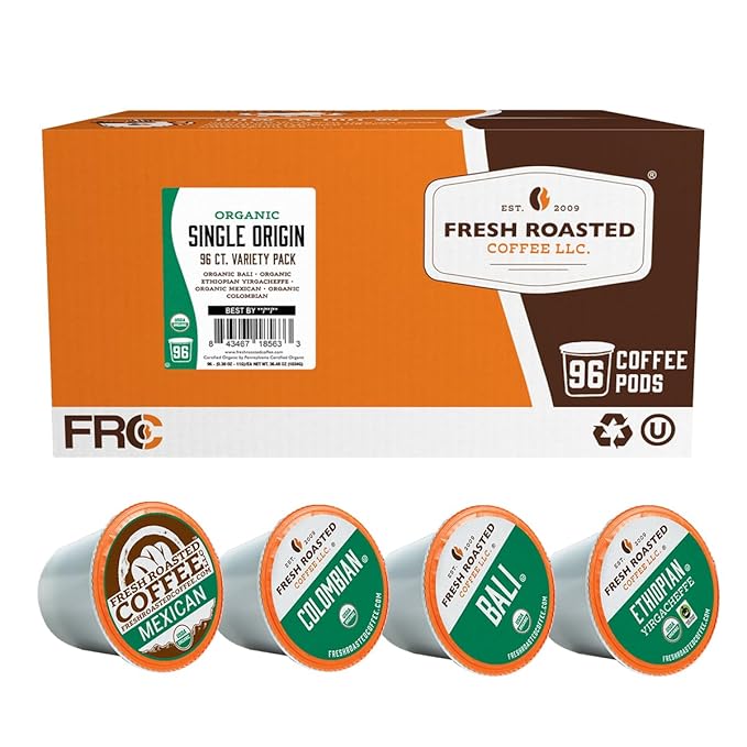 Fresh Roasted Coffee Organic Single-Origin Variety Pack | USDA Organic Kosher | K-Cup Compatible 96 Pods