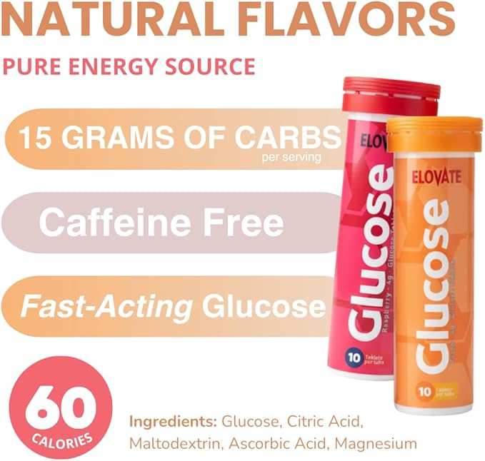 ELOVATE Fast Acting Glucose Tablets Raspberry Flavor – Raise Low Blood Sugar 15g Per Serving Chewable Gluten Free – 8 Tubes (80 Count)