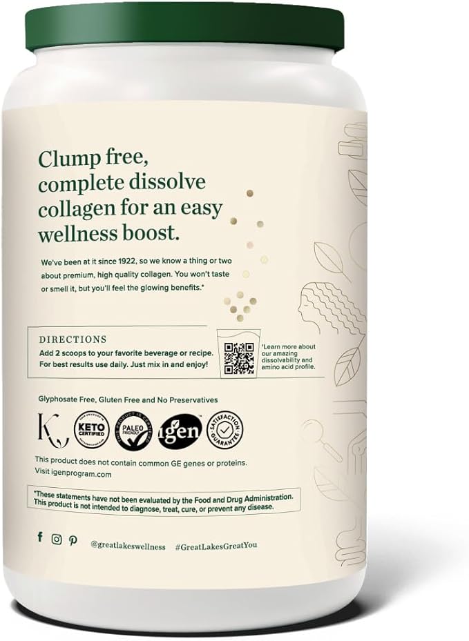 Great Lakes Wellness Collagen Peptides Powder – Supports Skin Hair Nails Joints &amp Digestion – Hydrolyzed Quick Dissolve Non-GMO Keto &amp Kosher – Pure Collagen Protein (32 oz 45 Servings)