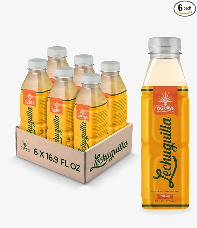 AGUAVE Orange-Lechuguilla Prebiotic Agave Drink 16.9Fl Oz | Nonalcoholic Fermented Agave | Low Sugar | Traditional Mexican Street Beverage (6 Pack Orange-Agave)