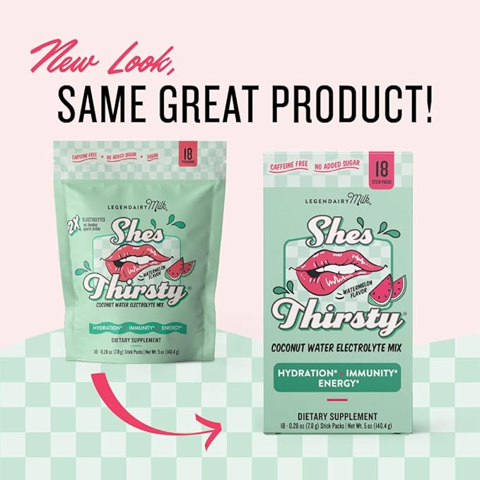 Legendairy Milk She's Thirsty Watermelon No Sugar Added Electrolytes Powder Packets–Coconut Water Mix for Women Instant Hydration Packets Immune Support Pregnancy Safe 18 Ct