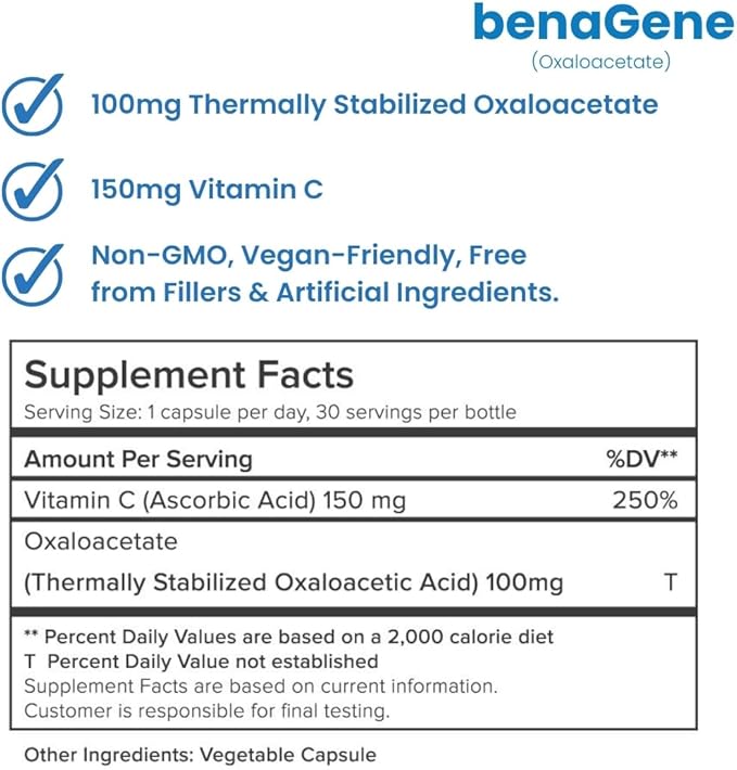 Benagene Oxaloacetate Supplement - Supports Cellular Energy - Thermally Stabilized with Vitamin C - Non-GMO &amp Vegan - 30 Servings Once Daily