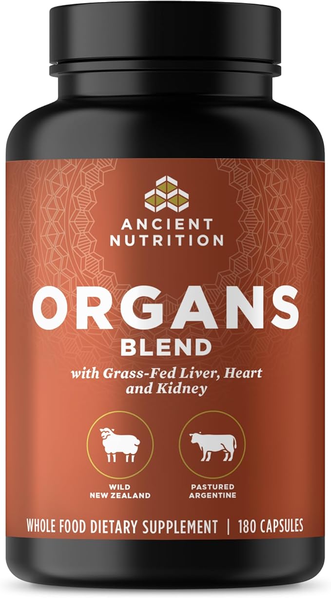 Ancient Nutrition Organ Supplements Grass-Fed and Wild Organ Complex Capsules Liver Heart Kidney Supports Organ Cognitive and Immune System Health 180 Ct