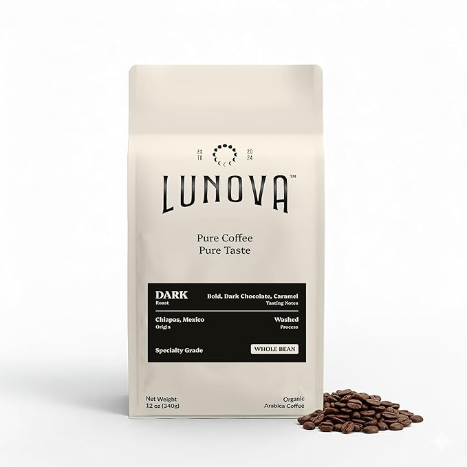 Lunova Organic Mold-Free Coffee Whole Bean | Single-Origin from Chiapas Mexico | Specialty-Grade Third Party Tested (12 oz Dark Roast)