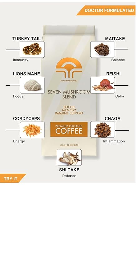Brain Brands Mushroom Coffee – Organic 7-Mushroom Blend with Lion’s Mane &amp Reishi – Ground Coffee 12oz Bag – Energy Focus &amp Immune Support