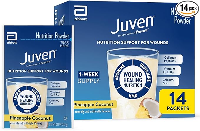 Juven Therapeutic Nutrition Drink Powder Including Collagen Peptides Amino Acids and HMB for Wound Healing Support Pineapple Coconut 14 Packets