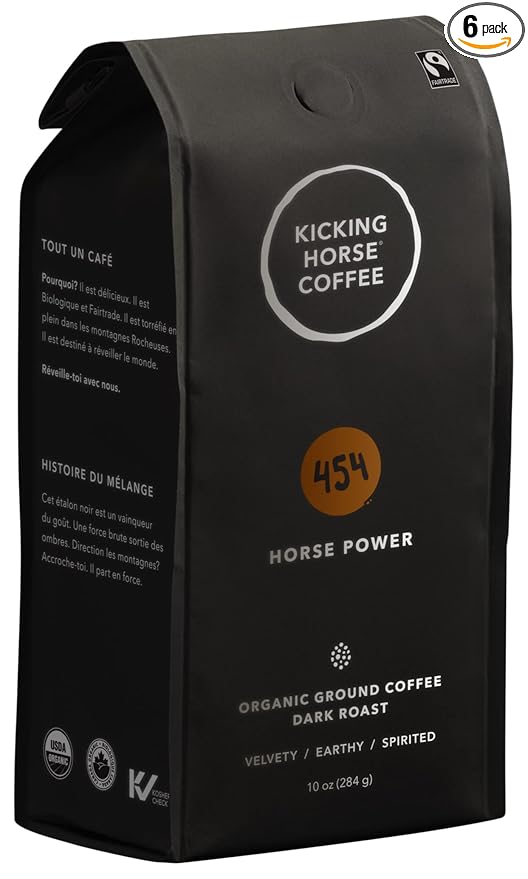 Kicking Horse Coffee 454 Horse Power Dark Roast Ground 284 g (Pack of 6) - Certified Organic Fairtrade Kosher