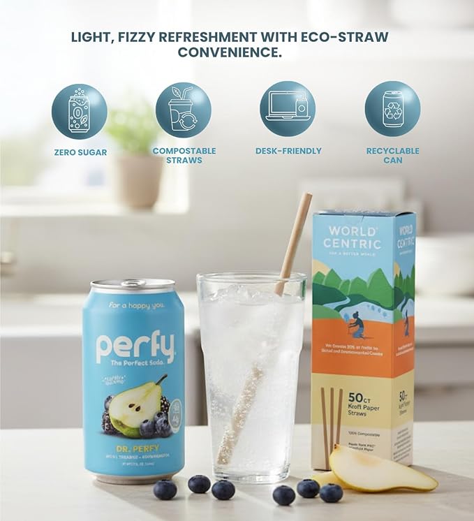 12x Soda SF Dr Perfy 12floz Bundle with 50pc Paper Straws — Refreshing Beverage with Smooth Flavor and Convenient Sipping — Gift Set (13 Items)