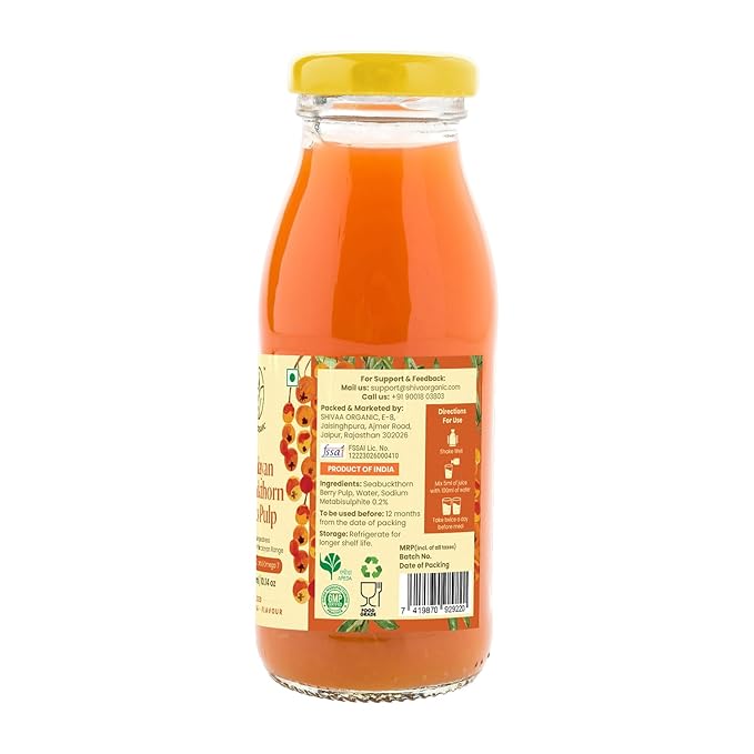 Shiva Organic Sea Buckthorn Berry Pulp Cold Pressed Himalayan Juice USDA Certified Organic Vegan Pure Pulp No Additives (10.14oz (300ml))
