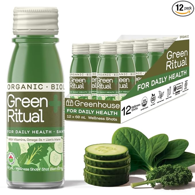 Greenhouse Juice Green Ritual Wellness Shot Brain-Boosting 12-Count 60mL Glass Bottles with Cucumber Spinach Vitamin C &amp Magnesium Supplement 2 Oz Pack of 12
