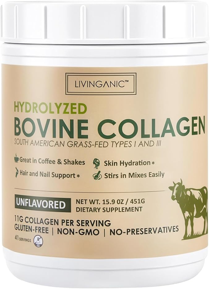 Collagen Peptides Powder Unflavored 15.9oz Hydrolyzed Bovine Collagen 41 Servings Types I &amp III Grass-Fed Pasture-Raised Protein Zero Sugar Supplement