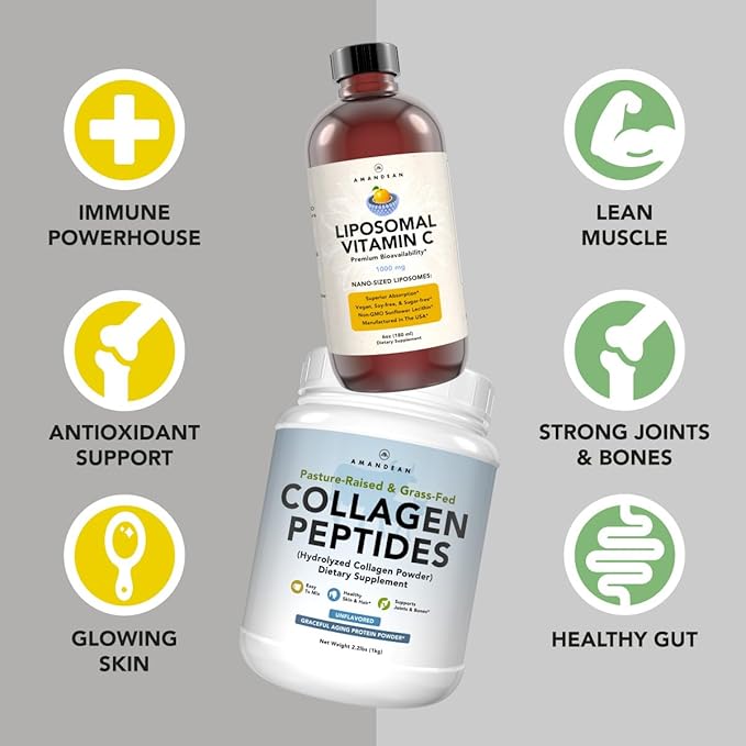 AMANDEAN Premium Liposomal Vitamin C &amp Bovine Collagen Peptides Bundle. Powerful Antioxidant. Liquid Quali-C. Grass-Fed Collagen. Hydrolyzed Type 1 &amp 3. Immune Support. Healthy Skin Hair &amp