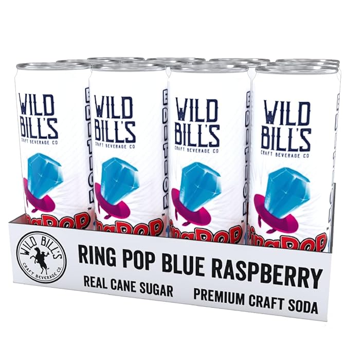 Wild Bill’s Blue Raspberry Ring Pop Craft Soda Pop Soft Drinks – Pure Cane Sugar No HFCS Caffeine Free Vegan Gluten Free Low Sodium Lightly Carbonated - 12 Oz Cans 12 Pack