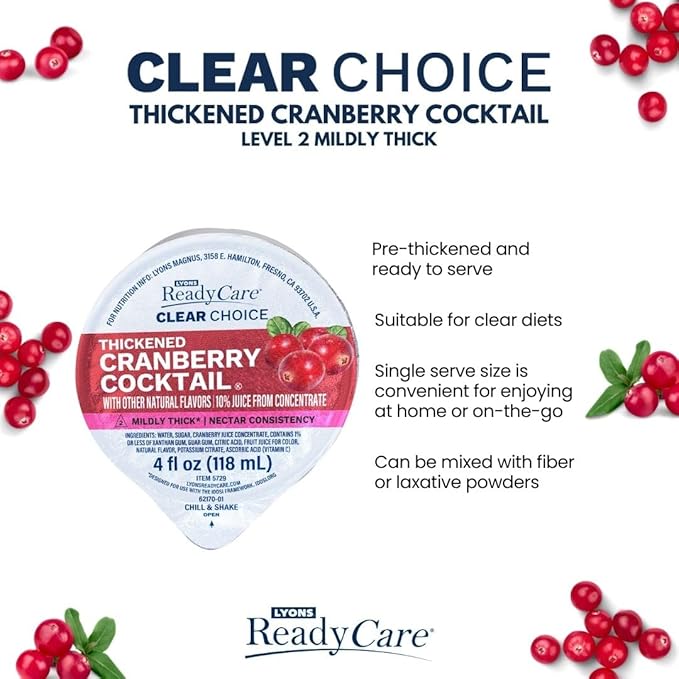 Lyons ReadyCare Thickened Cranberry Cocktail for Dysphagia &amp Swallowing Difficulty - Nectar Consistency Level 2 Mildly Thick - 4 fl oz (48 Pack)