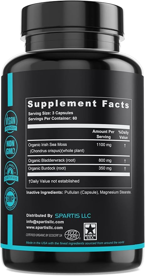 Certified Organic Sea Moss Capsules 2250mg Wildcrafted Irish Sea Moss Burdock Root Bladderwrack Supplement Raw Seamoss Pills &amp Powder (Pack of 1 at 180-Caps)