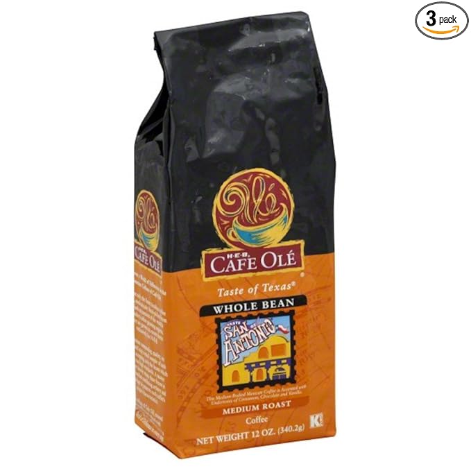 HEB Cafe Ole Taste of Texas Whole Bean Coffee 12oz Bag (Pack of 3) (Taste of San Antonio Medium Roast - Medium Bodied Mexican Coffee Accented with Undertones of Cinnamon)