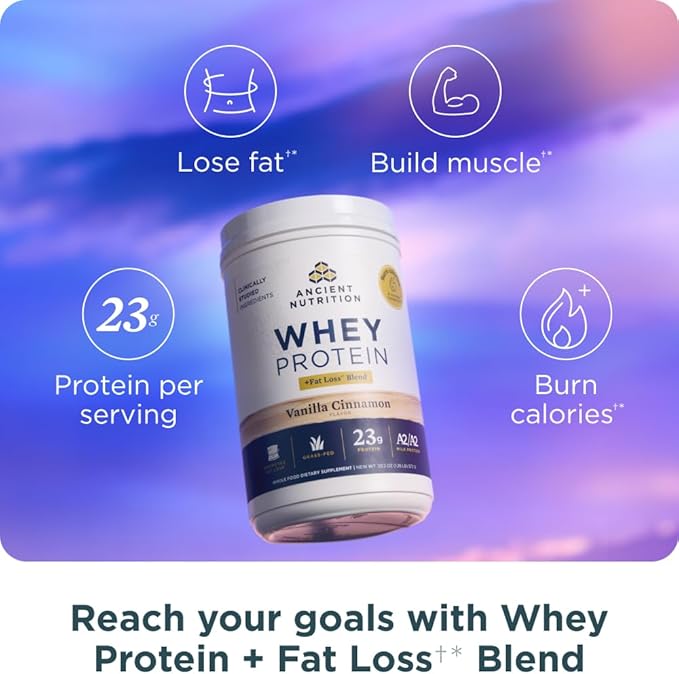 Ancient Nutrition Multi Collagen Advanced Peptides Powder Lean Cinnamon 25 Servings + Grass-fed Whey + Fat Loss Protein Powder Vanilla Cinnamon 18 Servings